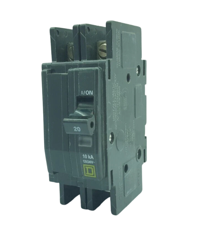 Square-D-QOU220-Miniature-Circuit-Breaker-20A Isometric view of a Square D QOU220 2-pole miniature circuit breaker showing the 20A toggle switch and 10kA interrupting rating for industrial panels