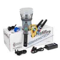 Testifire 1000-001 functional test kit including head unit, battery batons, smoke capsules, and charger for marine fire system maintenance.