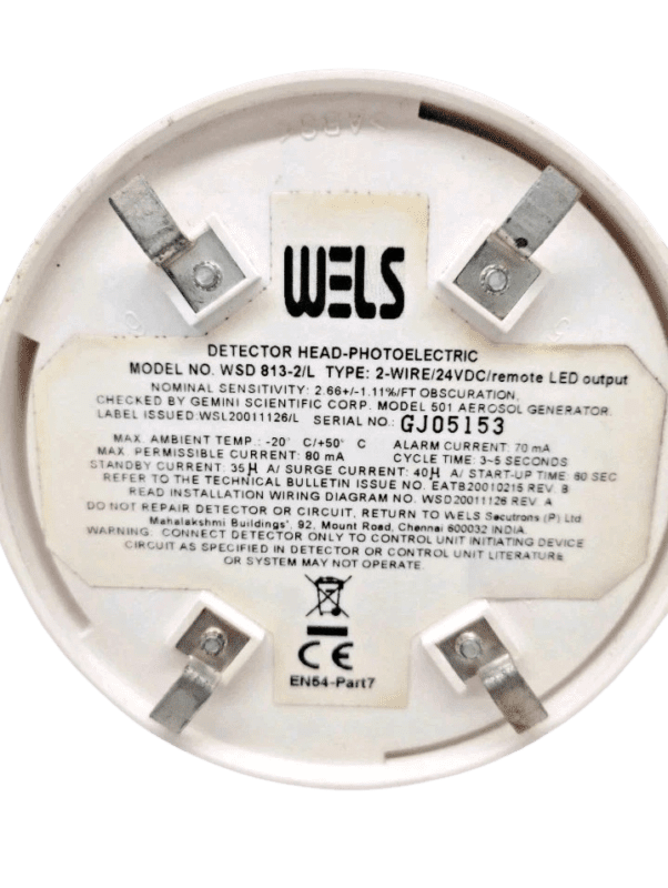 wels-wsd-813-2l-technical-label-specifications Close-up of the technical specification label for WELS WSD 813-2/L smoke detector showing 2-wire 24VDC type, sensitivity data, and CE EN54 certification