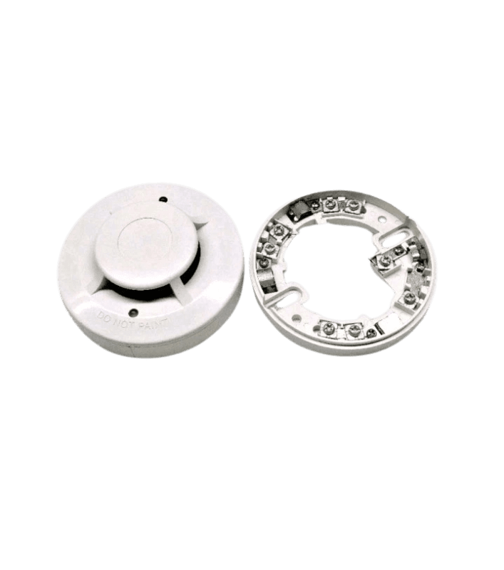 wels-wsd-813-2l-front-and-wiring-base-assembly Front view of the WELS WSD 813-2/L smoke detector unit alongside the interior of the mounting base showing screw terminal connection points