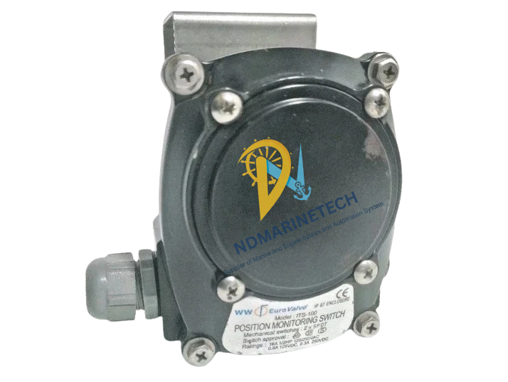 WW EUROVALVE ITS-100 Isometric view of the black WW EUROVALVE ITS-100 position monitoring switch with cable gland and secure bolted cover