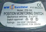 Technical nameplate of WW EUROVALVE ITS-100 showing 2 x SPDT mechanical switches and 16A electrical ratings