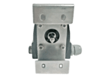 Bottom view of ITS-100 switch showing the NAMUR standard stainless steel mounting bracket and rotary shaft