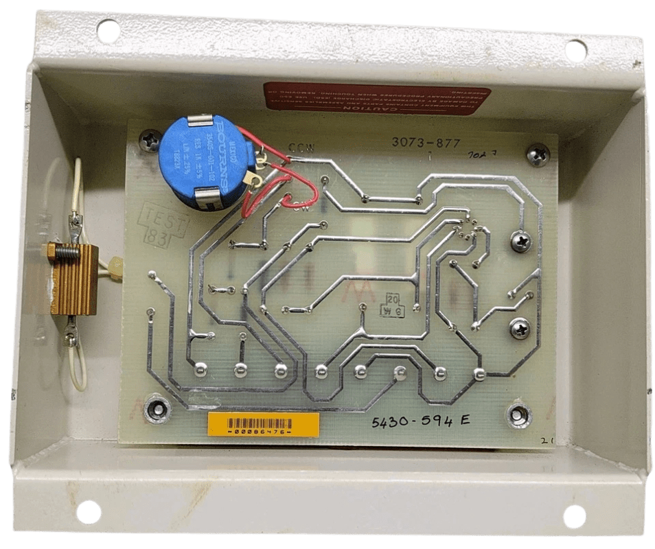 woodward-2301-limiter-internal-pcb Internal view of Woodward 2301 Fuel Limiter showing the circuit board, Bourns potentiometer, and wiring components