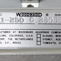 Original Woodward manufacturer nameplate for Part Number 8271-250 C Serial Number 2305854