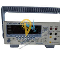 Front interface of Yokogawa GS200 featuring VFD display, output terminals, and tactile control buttons