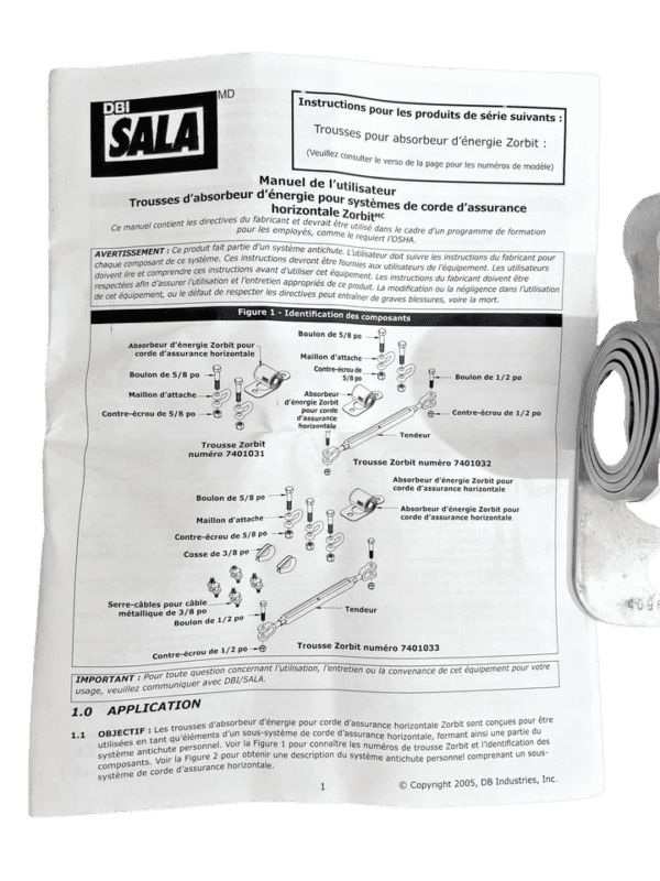 Zorbit-7401013-User-Manual-Technical-Diagram Technical diagram from the DBI-SALA Zorbit user manual showing installation kits 7401031, 7401032, and 7401033 for fire safety and fall protection lifelines