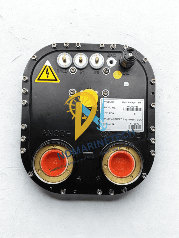 A6099-17 Anode and Cathode Terminal Configuration Top-down view of the A6099-17 High Voltage Tank showing the clearly marked Anode and Cathode terminals, GND connection, and oil fill port.