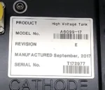 Close-up of the technical identification label for High Voltage Tank Model A6099-17, Revision E, manufactured September 2017, Serial Number T172977.