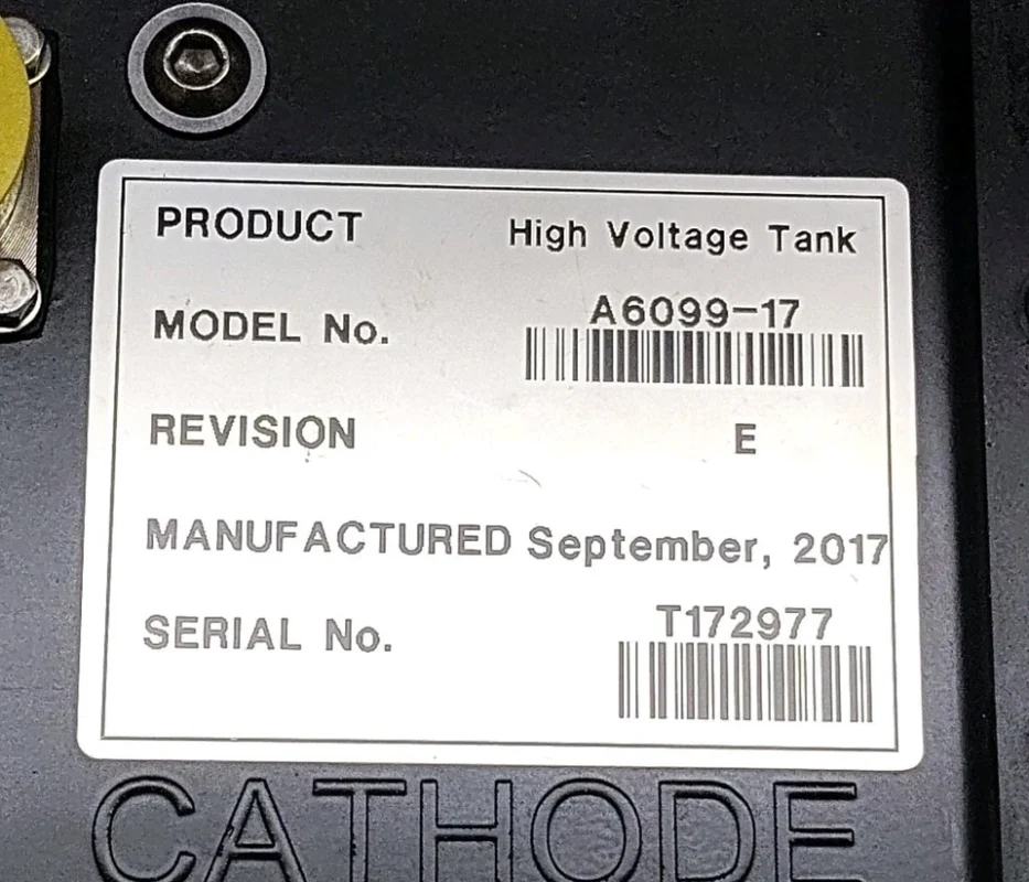 A6099-17 Model Number and Serial Details Label Close-up of the technical identification label for High Voltage Tank Model A6099-17, Revision E, manufactured September 2017, Serial Number T172977.
