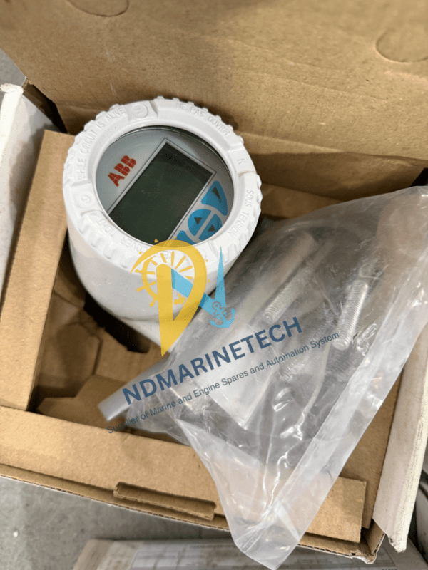 ABB TTF300 Field Mount Transmitter - Digital Display and Installation Kit Detail. Close-up of ABB TTF300 Temperature Transmitter LCD display and mounting hardware in original ABB box.