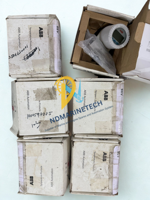 ABB TTF300 Temperature Transmitters - New Stock Ready for Marine & Industrial Supply. Bulk stock of ABB TTF300 Field Mount Temperature Transmitters in original packaging with digital display visible.