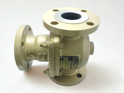 AMOT 2BCSJ12003 Perspective View - 2" Flanged Thermostatic Valve Side view of AMOT 2BCSJ12003 thermostatic valve showing the 2 inch flanged connection and mounting bolts.