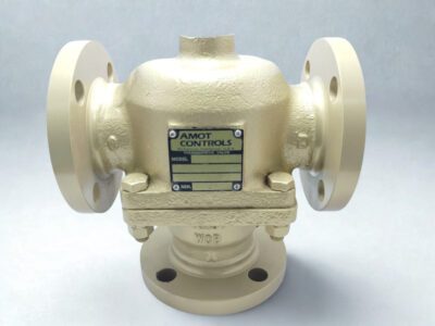 AMOT 2BCSJ12003 Front Profile - Marine Temperature Control Valve Front view of AMOT Controls model 2BCSJ12003 3-way thermostatic valve with visible identification nameplate and serial number.