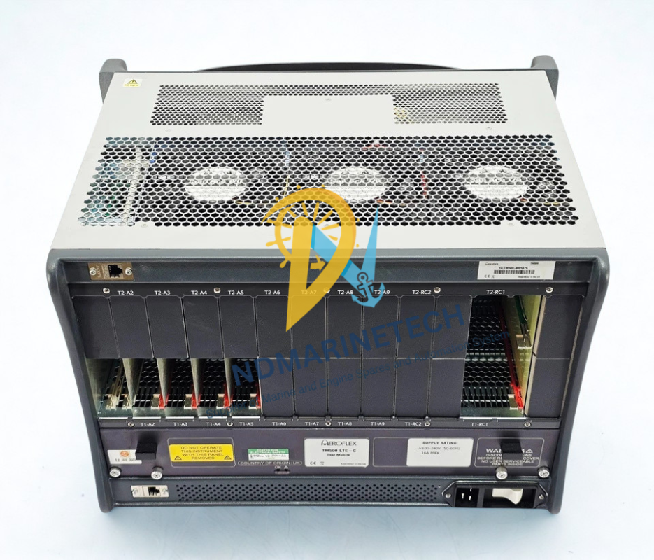 Aeroflex TM500 Test Mobile - Rear Panel Connections Rear panel of the Aeroflex TM500 LTE-C Test Mobile displaying multiple module slots, connection ports, three top cooling fans, and manufacturer specification labels
