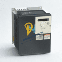 Front perspective of Schneider Altivar ATV312HU40N4 4kW VFD showcasing the navigation dial, LED display, and compact industrial design