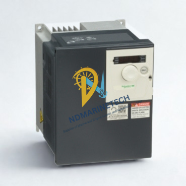 Schneider Electric ATV312HU40N4 Variable Speed Drive Front View Front perspective of Schneider Altivar ATV312HU40N4 4kW VFD showcasing the navigation dial, LED display, and compact industrial design