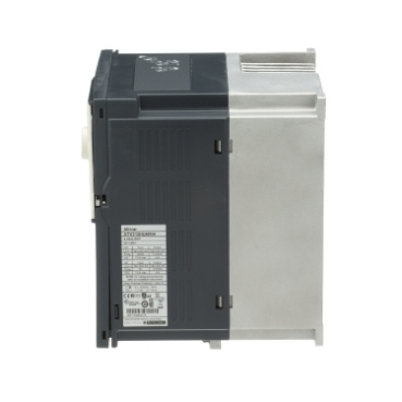 ATV312HU40N4 Specification Label and Profile Side view of Altivar 312 ATV312HU40N4 Variable Speed Drive featuring the technical specifications nameplate and housing dimensions