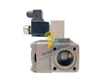 Side profile of the Aventics R417002149 valve showing the large main flow port, the solenoid coil assembly, and the mPm electrical DIN connector.