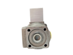 Front-facing view of the Aventics R417002149 solenoid valve highlighting the square mounting flange with four bolt holes and the central white internal seal.