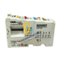 Front view of Beckhoff LC5100 Bus Coupler featuring the CANopen certified logo, address DIP switches, LED status indicators, and terminal wiring pinout diagram.