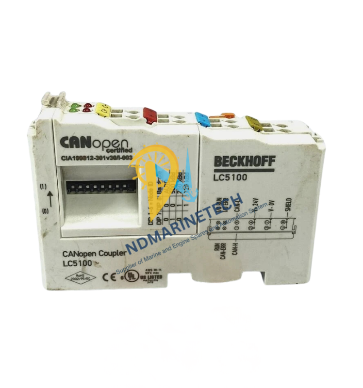 Beckhoff LC5100 Front Panel - DIP Switch Configuration and Status LEDs Front view of Beckhoff LC5100 Bus Coupler featuring the CANopen certified logo, address DIP switches, LED status indicators, and terminal wiring pinout diagram.