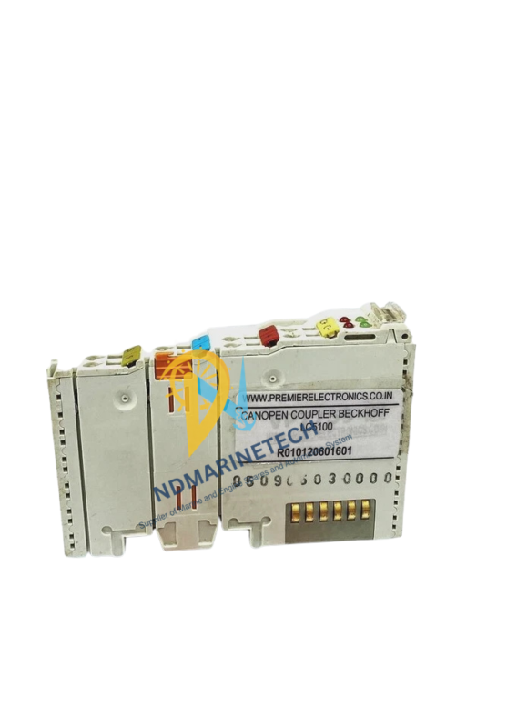 Beckhoff LC5100 CANopen Coupler - Side Interface and Serial Number Detail Side view of Beckhoff LC5100 CANopen Bus Coupler showing technical labels, serial numbers, and modular K-bus gold contacts for marine automation systems.