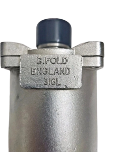 Bifold 316L Stainless Steel Housing Close-up Close-up of Bifold England 316L stainless steel casting on the FP06P-77A9 solenoid valve.
