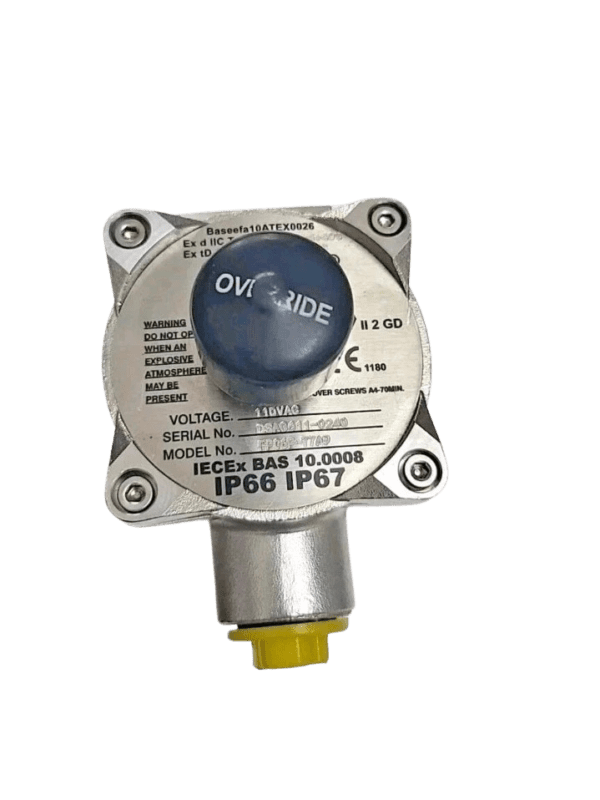 Bifold FP06P-77A9 Certification Nameplate and Manual Override Top view of Bifold FP06P-77A9 showing manual override, IECEx BAS 10.0008 certification, and IP66/IP67 ratings.