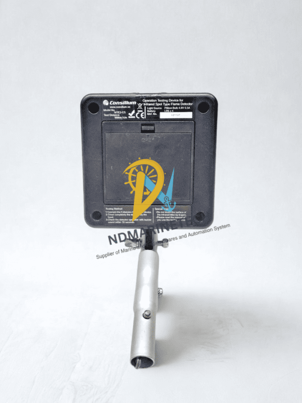 Consilium MTE2-CS Battery Compartment and Extension Rod Mount Rear view of the Consilium MTE2-CS testing device showing the battery cover, extension rod connection, and operating instructions printed on the casing.