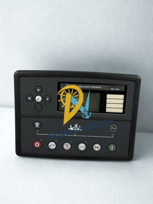 DSE 7320 MKII Control Panel Front Interface Front view of the Deep Sea Electronics DSE 7320 MKII control panel featuring the LCD display, navigation buttons, and status indicators for auto, manual, and stop modes.