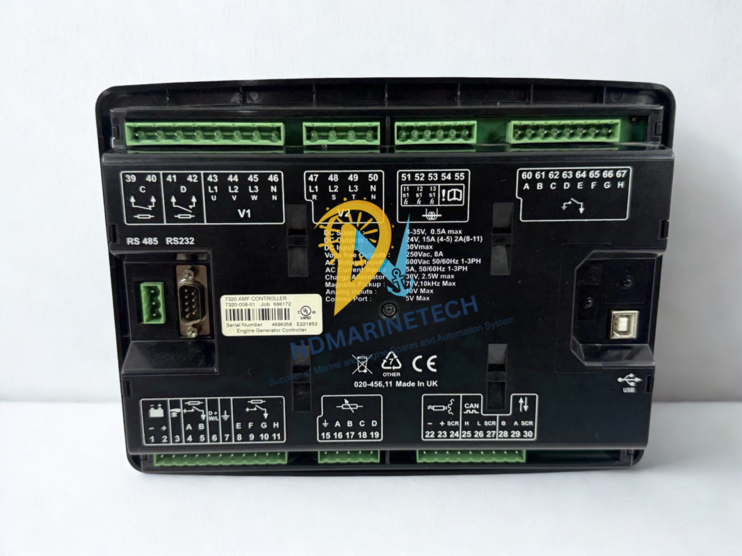 DSE 7320 MKII AMF Controller Rear Terminal Mapping Rear view of a DSE 7320 MKII AMF Controller showing the full wiring terminal layout, including RS485, RS232, and digital input/output ports with clear labeling.