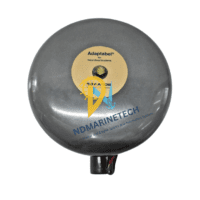 Frontal view of the gray 8-inch Adaptabel gong for hazardous locations featuring the Edwards Signaling logo and gold center plate