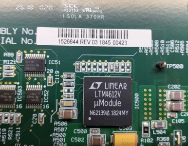 Elekta 1526644 Rev 03 Serial Number and Chipset Detail Close-up of Elekta 1526644 REV 03 serial number label and Linear Technology LTM4612V power module.