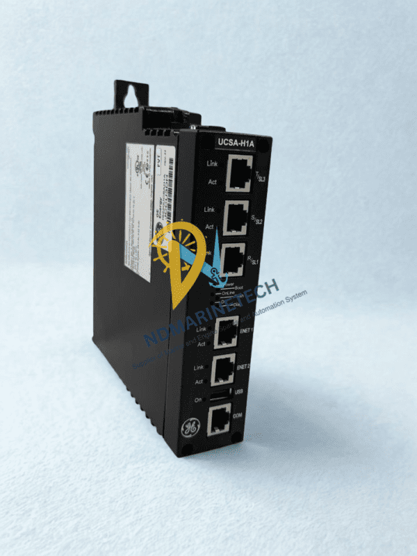 GE IS220UCSAH1A Mark VIe Front Port Interfaces and LEDs Front communication faceplate of the GE IS220UCSAH1A processor module detailing R, S, T IONet RJ45 ports, ENET connections, and diagnostic LED status indicators.