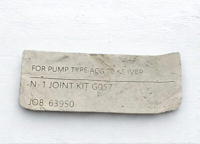 Official MPN and Model identification for Gasket Kit G057 Identification plate for Joint Kit G057 showing compatibility with IMO Pump Type ACG 70 K5 IVBP and Job number 63950