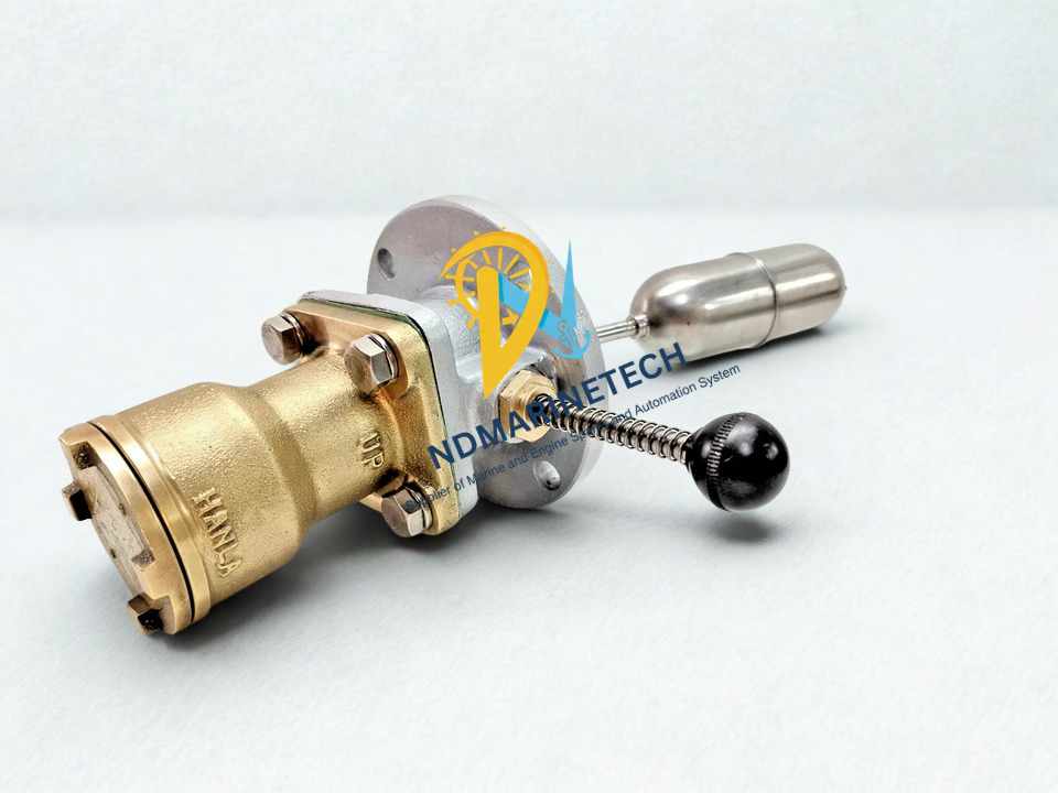 Hanla FMS-2H-WS-T Side View - Marine Level Switch with Manual Testing Handle Hanla FMS-2H-WS-T horizontal float level switch with manual test lever and stainless steel float.