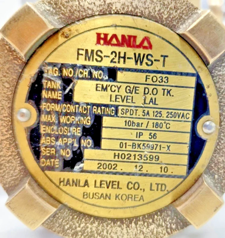 Hanla FMS-2H-WS-T Specifications - ABS Approved Marine Level Switch Label Technical nameplate of Hanla FMS-2H-WS-T showing 10 bar pressure rating, 180°C temperature limit, and ABS approval.