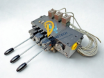 Overhead view of the Hawe PSV 51 series valve manifold featuring three manual control levers and electro-hydraulic actuators