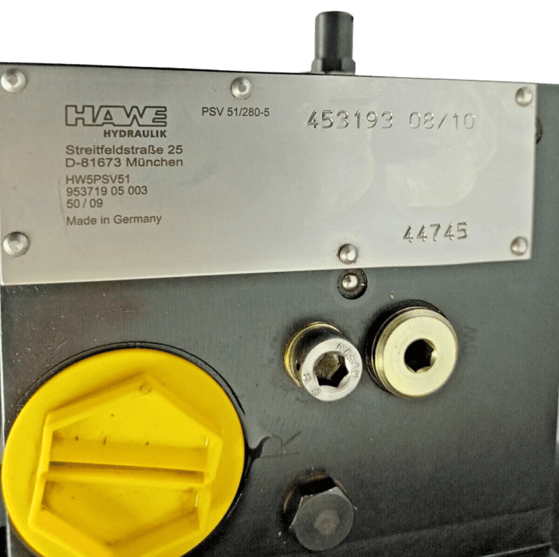 Hawe PSV 51/280-5 Manufacturer Identification Plate Technical nameplate of Hawe Hydraulik PSV 51/280-5 showing MPN 453193 and manufacturing details in Germany