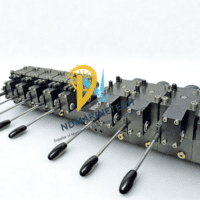 Isometric view of a complete Hawe Hydraulik SLF 5-ZPL 53 proportional spool valve bank ready for marine hydraulic system installation.