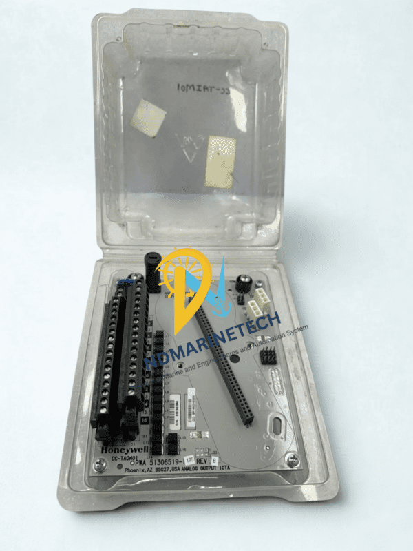 Honeywell CC-TAON01 Analog Output Experion Series C Module Front View Top view of the Honeywell CC-TAON01 Analog Output Experion Series C module inside an opened protective casing, displaying the front terminal connections.