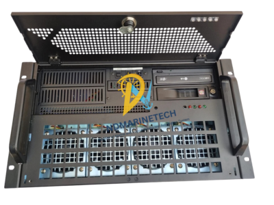 Industrial Rackmount Enclosure with IEI ROCKY-4786 Power and Cooling System. Front panel view of a 19-inch rackmount industrial computer featuring the IEI ROCKY-4786 SBC with cooling fans and LG optical drive.