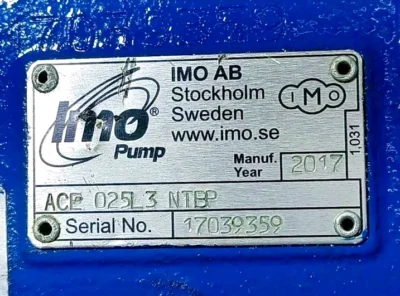Technical Data Plate - IMO ACE 025L3 NTBP 2017 Model. IMO AB Stockholm Sweden nameplate for ACE 025L3 NTBP serial number 17039359 manufactured in 2017