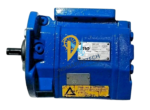Full view of the blue IMO screw pump showing the identification plate and a yellow warning label stating "Pump not to be run dry" in multiple languages