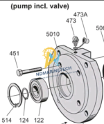 Technical exploded view diagram for IMO ACE pump front cover assembly including bearing and circlip positions.