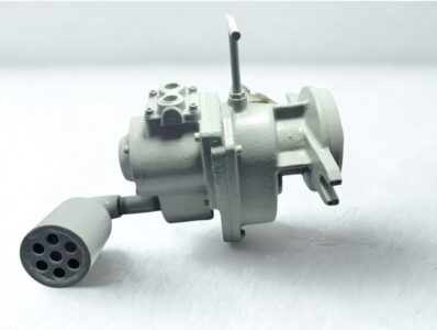 JAM-1.5PE-450DR Air Motor Side Profile and Exhaust Assembly Side view of Japan Air Motor JAM-1.5PE-450DR pneumatic motor showing the exhaust silencer muffler and cast aluminum housing.