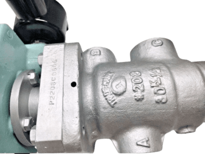 Kaneko Sangyo M208 P2208C0606 Engraved Identification Close-up of Kaneko Sangyo M208 series solenoid valve body showing engraved P2208C0606 press code and brass casting details.