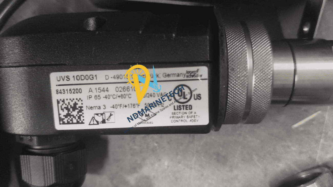 Kromschröder UVS 10D0G1 Burner Flame Detector - Technical Specifications Label Kromschröder UVS 10D0G1 UV Flame Sensor label showing MPN 84315200 and IP65 rating on a black industrial housing.