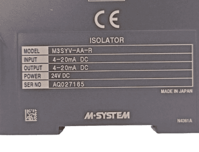 M-System M3SYV-AA-R Model Specifications and Serial Number Detailed close-up of M-System M3SYV-AA-R label showing 24V DC power rating, serial number, and "Made in Japan" mark.